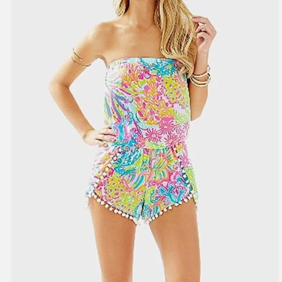 Lilly Pulitzer Daisy Romper Seaspray Lovers Coral Multi Strapless Size XS - Picture 2 of 11